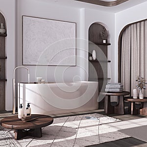 Modern dark wooden bathroom with curtains, bathtub, tables and carpets in white and beige tones. Parquet floor and arched door.