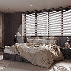 Modern dark wooden bedroom in beige tones. Master bed with pillows and duvet, window with venetian blinds, carpets and decors.