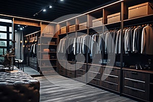 Modern dark wooden walk in wardrobe with clothes hanging on rods, shelves and drawers.