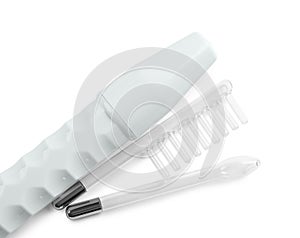 Modern darsonval with nozzles on white background, top view. Microcurrent therapy
