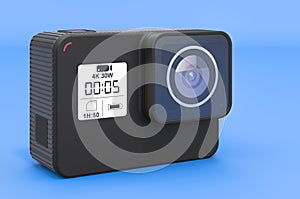 Modern dashcam DVR on blue backdrop, 3D rendering