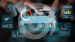 Modern Data Analysis Interface with Graphs and Charts, Hands Interacting with Digital Touchscreen on Background of