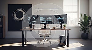 Modern Data Analysis Workspace with Multiple Computer Screens