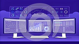 modern data analysis workspace with multiple screens displaying graphs and charts, showcasing analytics and statistics