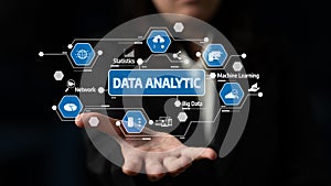 Modern Data Analytics Concept with Icons Representing Big Data, Machine Learning, Network, and Statistics in a