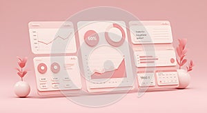Modern Business Analytics Dashboard with 3D Charts and Graphs in Pink Tones