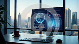 Modern Data Analytics Dashboard with Global Visualization in High-Rise Office Setting