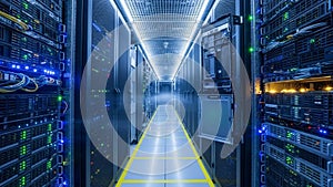 Modern data center aisle with illuminated server racks and cabling