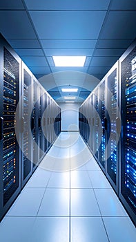 Modern data center aisle with rows of illuminated server racks and bright overhead lighting.