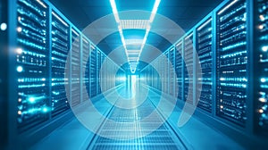 Modern Data Center with Blue Lighting