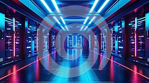Modern Data Center with Blue Lights - High-Tech Server Room Interior Design