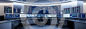 A modern data center control room with multiple monitors displaying data and charts symbolizing technology data analysis