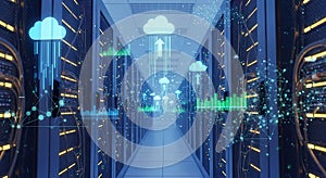 Futuristic Cloud Computing Data Center with AI, Cybersecurity, and Big Data Visualization Cloud Storage Artificial