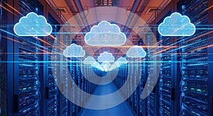 Futuristic Cloud Computing Data Center with AI, Cybersecurity, and Big Data Visualization Cloud Storage Artificial