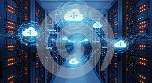 Futuristic Cloud Computing Data Center with AI, Cybersecurity, and Big Data Visualization Cloud Storage Artificial