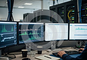 A modern data center environment with multiple monitors