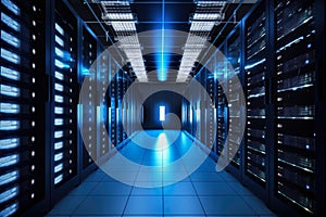 Modern data center facility with rows of server racks, glowing LED lights, and technicians maintaining the equipment