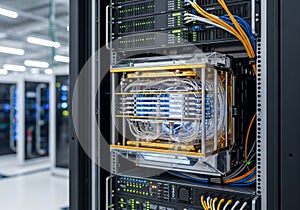 Modern data center featuring a quantum computer setup within a