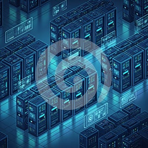 Modern Data Center with Glowing Servers and Futuristic Interface Displays