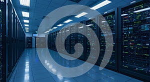 Modern Data Center Hall with Rows of High-Tech Server Racks