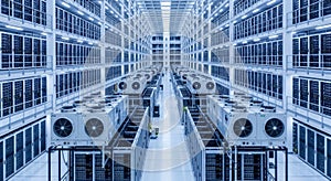 Modern Data Center Hall with Rows of Server Racks and Cooling Systems