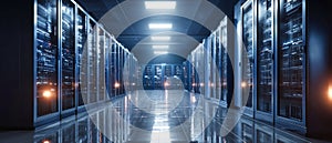Modern data center hallway with server racks and bright overhead lighting