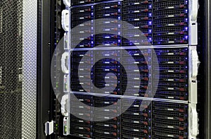 Modern data center with hard drives storage