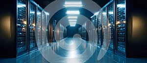 Modern data center with illuminated server racks and a sleek corridor