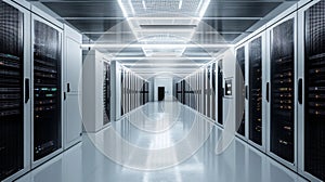 Modern Data Center Interior Design with Server Racks and Lights