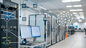 Modern data center interior featuring rows of server racks and computer workstations.