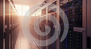 Modern Data Center Interior: Rows of Server Racks in a Lit Environment