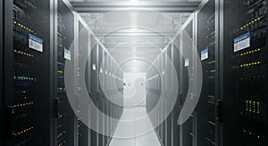 Modern Data Center Interior: Rows of Server Racks in a Lit Network Facility