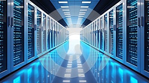 Server Room Data Center with Rows of Rack Servers Data Storage Information Technology and Network Connection for Cloud Computing