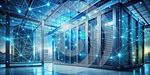 Modern data center network infrastructure showing server racks and global connectivity. Generative AI