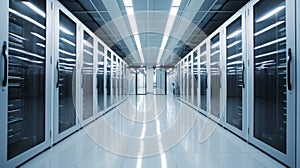 Modern data center room with rows of high tech servers and supercomputers