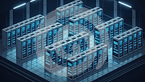 Modern Data Center With Rows of Glowing Server Racks in a High-Tech Environment