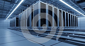 Modern data center with rows of high-performance server racks for cloud computing infrastructure.