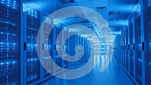 Modern Data Center With Rows of Illuminated Server Racks in Blue Lighting