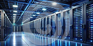 A modern data center rows of illuminated server racks in a sleek, high-tech facility. Generative AI
