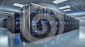 Modern Data Center, Rows of Network Servers, Big Data, Cloud Computing, Information Technology