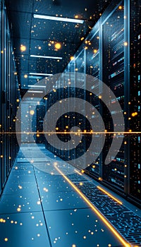 Modern Data Center With Rows of Network Servers, Big Data Technology and Cloud Computing