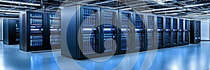 Modern Data Center With Rows of Network Servers, Cloud Computing and Data Storage Concept.