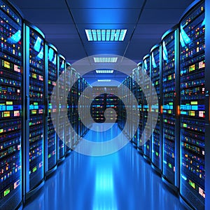 Modern Data Center, Rows of Network Servers, Supercomputers, Technology, Cloud Computing Concept.