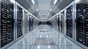 A modern data center with rows of server racks in a high-tech environment, highlighting advanced technology and data storage