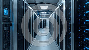 Modern data center with rows of server racks and network equipment