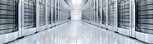 Modern data center with rows of server racks, showcasing advanced technology and infrastructure for digital storage and computing