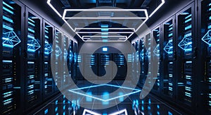 Exploring data center server room with neon lights for cloud computing and it infrastructure