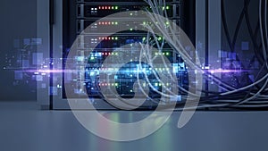 Modern Data Center Server Rack with Network Cables and Digital Data Flow Visualization