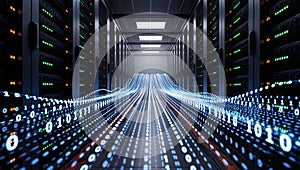 Modern Data Center with Server Racks and Binary Code Overlay â AI Generated Content