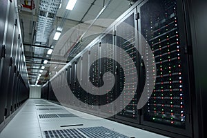 Modern Data Center with Server Racks and Advanced Networking Equipment for IT Infrastructure and Cloud Computing Generative AI